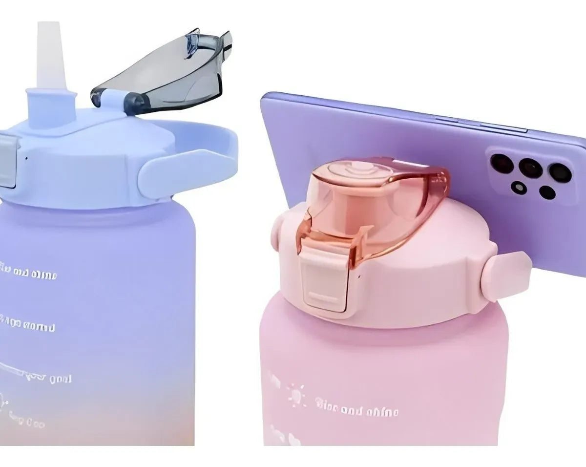 Kit 2 Garrafas Motivacionais 2L e 900ml com Adesivos 3D – Azul e Rosa