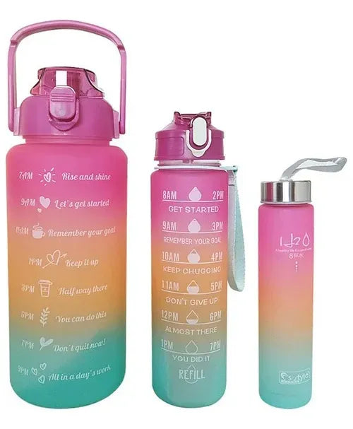 Kit 2 Garrafas Motivacionais 2L e 900ml com Adesivos 3D – Azul e Rosa